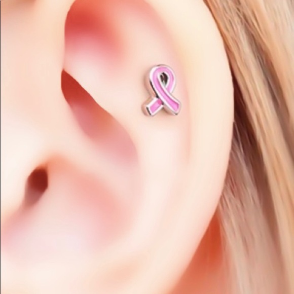 1PC 925 Sterling Silver Breast Cancer Awareness Pink Ribbon Helix Stud Earring - Picture 7 of 12